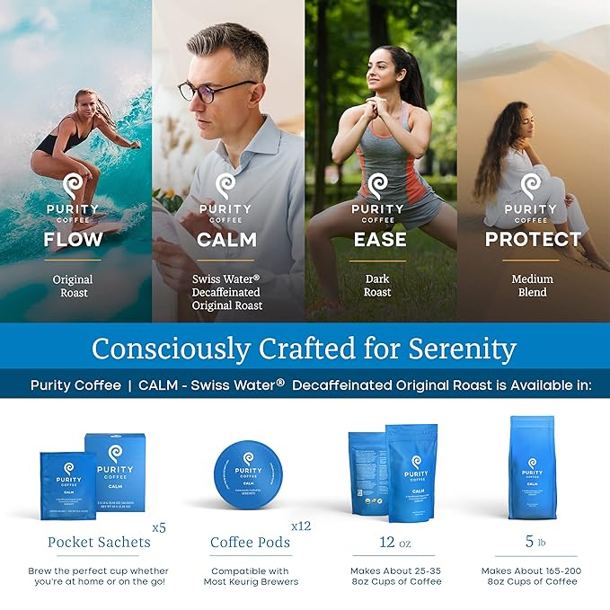 PURITY COFFEE CALM Decaf Medium Roast Whole Bean (12oz Bag) | Specialty-Grade USDA Organic Mountain Water Process Decaffeinated Blend | Third Party Tested for Mold, Mycotoxins & Pesticides