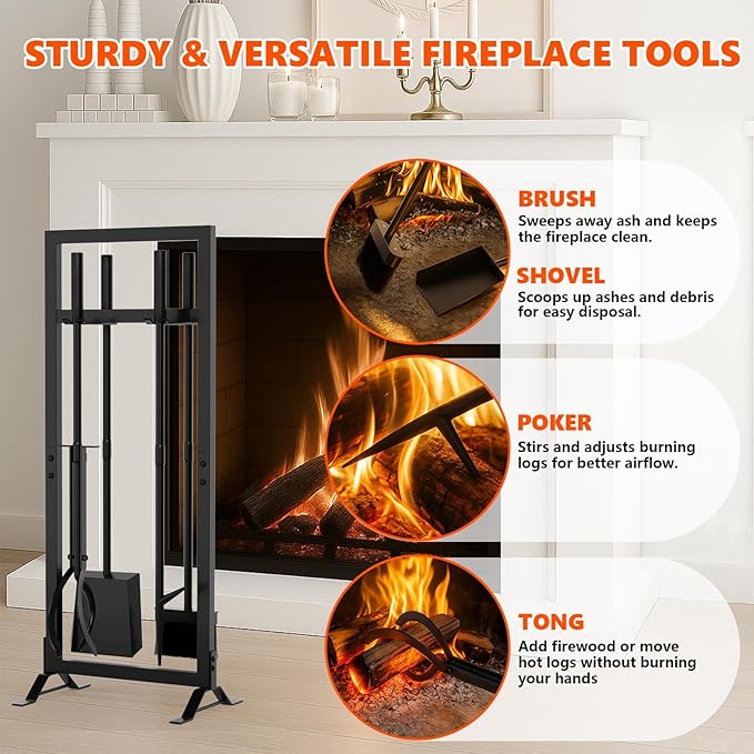 6 Pcs Fireplace Tools Set with Log Carrier, HXJLJY 34" Fireplace Accessories Sturdy Fire Tool Set Holder with Fire Poker Brush Shovel Tong Stand for Indoor Fireplace Outdoor Fire Pit Wood Stove,Square