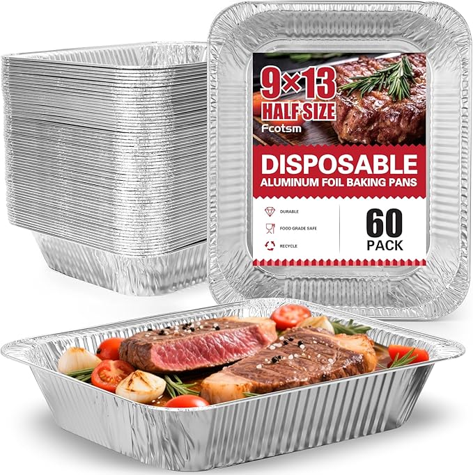 Aluminum Pans Half Size, 9x13, Heavy Duty Disposable Foil Pans for Baking, Roasting, Cooking, Heating, Storing, Deep Tin Foil Bakeware for Oven, Steam Table Tray, Cookware, Food Prepping (60 Pack)