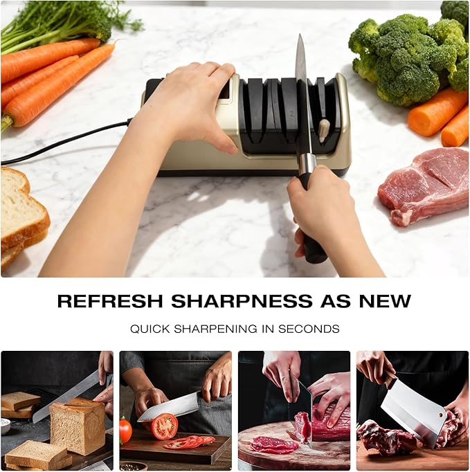 Light Blonde 5 in 1 Electric Knife Sharpener with LCD Screen for Kitchen Knives, 3 Rotational Speed Electric kitchen Knife Sharpener for Straight,Serrated, Ceramic Knives,Scissors & Axes