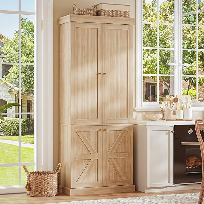70.8" Tall Farmhouse Bookshelf, Modular Bookcase with Glass Doors, 6-Tier Adjustable Shelves, Large Storage Cabinet for Kitchen, Living Room, Brown, Set of 3