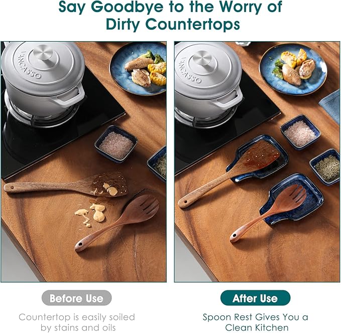 vancasso Stern Spoon Rest for Kitchen, Square Ceramic Spoon Holder for Stove Top, Heat Resistant Utensil Rest for Countertop, Dishwasher Safe, Kiln Blue, 2 Pack