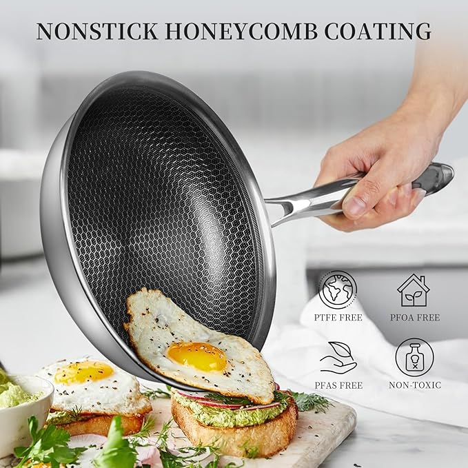 Innerwell 12 inch Tri-Ply Stainless Steel Frying Pan With Lid Large Nonstick Honeycomb Coatings Skillet for Eggs & Omelettes Non Toxic Healthy Omelette Pan Compatible W/All Cooktops