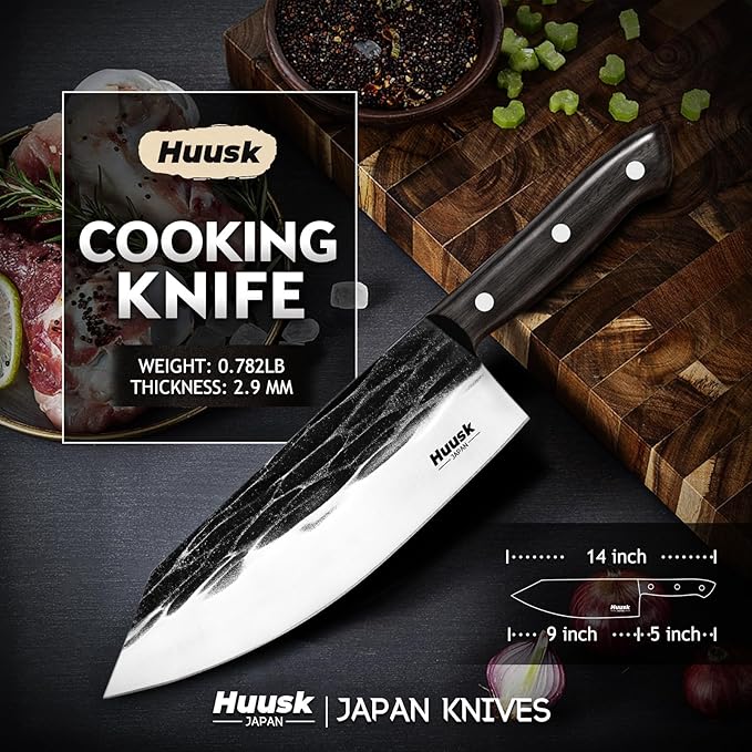 Huusk Japanese Cooking Knife, Butcher Knives for Meat Cutting, Hand Forged Kitchen Knives with Full Tang Handle, Brisket Trimming Knives with Sheath for BBQ, Camping, Gifts for Men