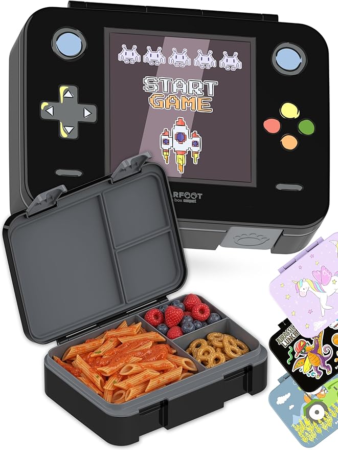 BEARFOOT Bento Box Compact, BPA-Free Children's Lunch Box for School & Nursery, Leak-Proof Lunch Box for Girls and Boys, Practical, Lightweight and Compact (Game Black, 4 Cups)