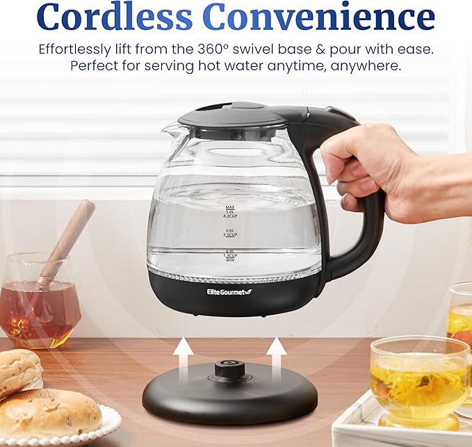 Elite Gourmet EKT1001B Electric 1.0L BPA-Free 1100W Glass Kettle Cordless 360° Base, Stylish Blue LED Interior, Handy Auto Shut-Off Function – Quickly Boil Water For Tea & More, Graphite Black
