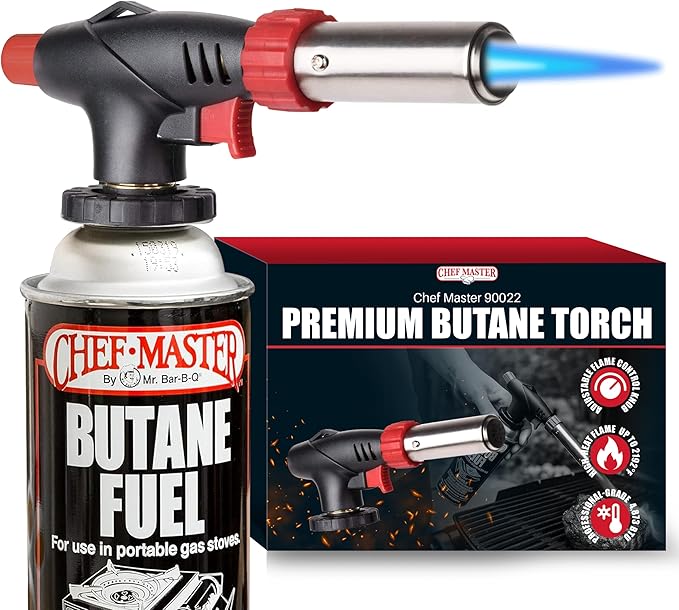 Chef Master Butane Torch Lighter, Refillable Kitchen Torch, Cooking Torch, Adjustable Flame for Creme Brulee, Desserts, BBQ, Crafts, Soldering, Indoor & Outdoor Use - Butane Not Included Model 90022