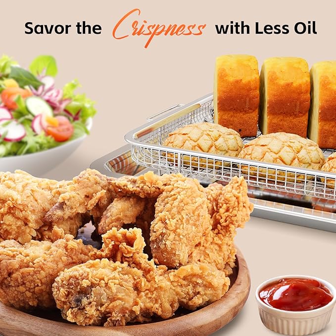Air Fryer Basket for Oven, 2 Set Oven Air Fryer Basket and Tray with 60 PCS Parchment Papers, DEGOVIN Crisper Tray Non-stick Stainless Steel Air Fry Pans for Convection Oven(15.8" × 11" & 13" × 9.7")