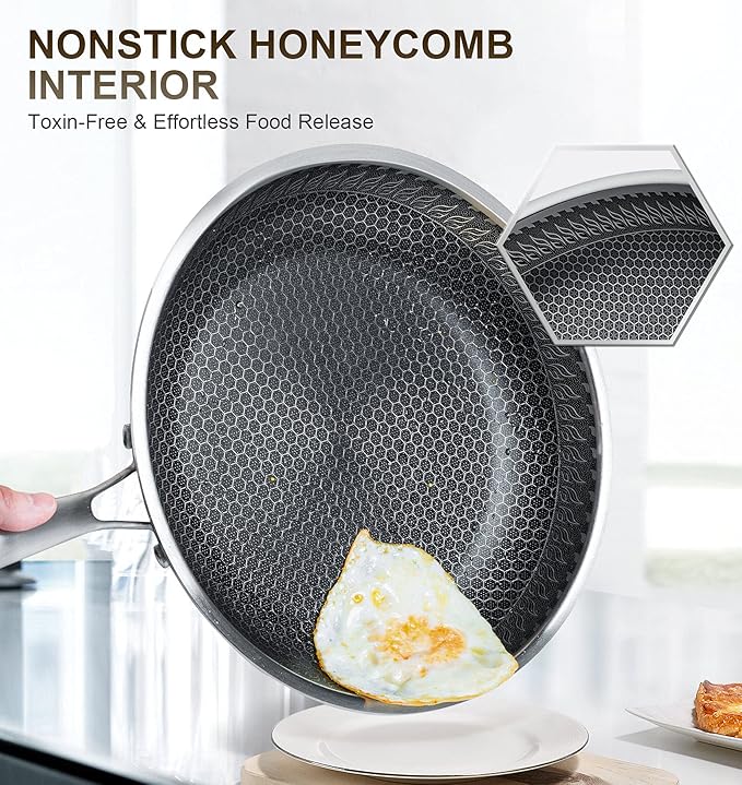 MICHELANGELO Stainless Steel Frying Pan Set with Lids, 8 & 10 Inch Frying Pans Nonstick, Stainless Steel Fry Pan Set, Honeycomb Pans for Cooking, Skillet with Lid - Induction Compatible
