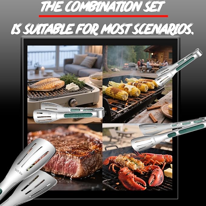 Stainless Steel Kitchen Tong Set - Anti-Slip Heat-Resistant Grip, Widened 3-Line Slotted Heads for Easy Clamping (Steaks, BBQ, Pasta, Salads), Easy Clean for Versatile Use Set of 3-6" 9" 11", Green