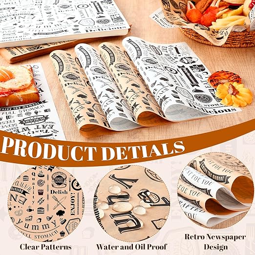 Outus 1800 Pcs 12 x 12 Inch Deli Wax Paper Sheets Grease Resistant Tray Basket Liners Newsprint Paper Water and Grease Proof Sandwich Wrapping Square Hot Dog Wrappers for Food Baking (Brown,White)