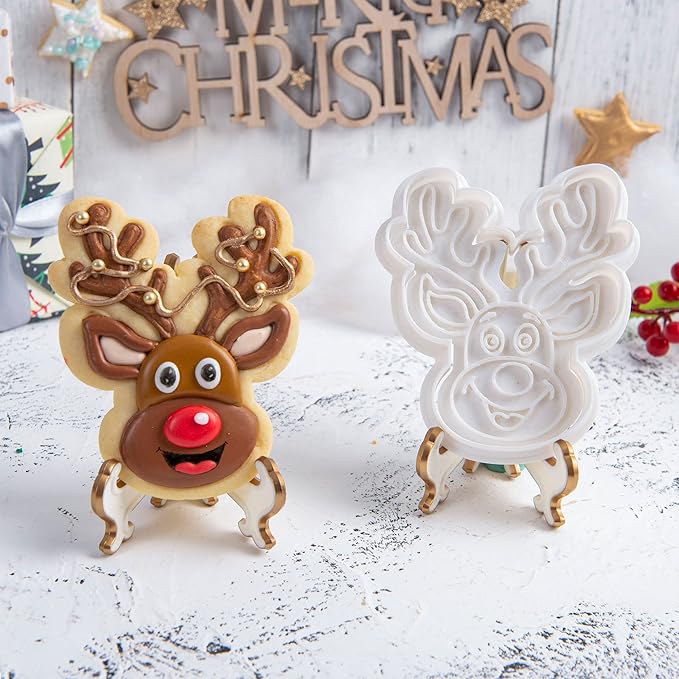 Flycalf Christmas Cookie Cutters Reindeer Shapes with Plunger Stamps Holiday PLA Baking Accessories Cutter Molds Gifts Decorative Party 3.5" Kitchen Cake Supplies