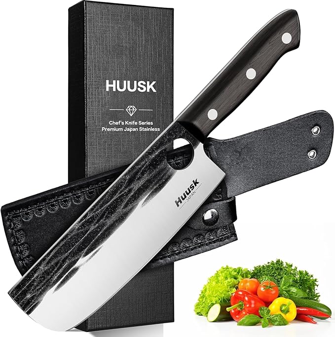 Huusk Japanese Nakiri Knife, 7 Inch Vegetable Chopping Knives with Full Tang Design, Hand Forged Cleaver with Ebony Handle, Japanese Kitchen Knife for Meat Cutting, Cooking Gift for Men