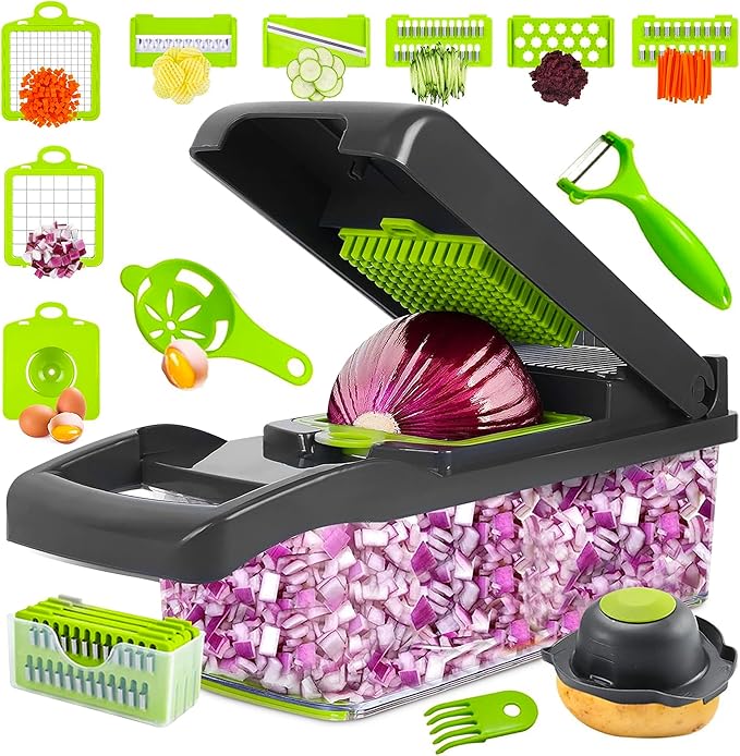 16-in-1 Vegetable Chopper with 8 Blades, Veggie Slicer & Dicer, Food Chopper with Container & Lid, Onion Chopper, Salad Chopper