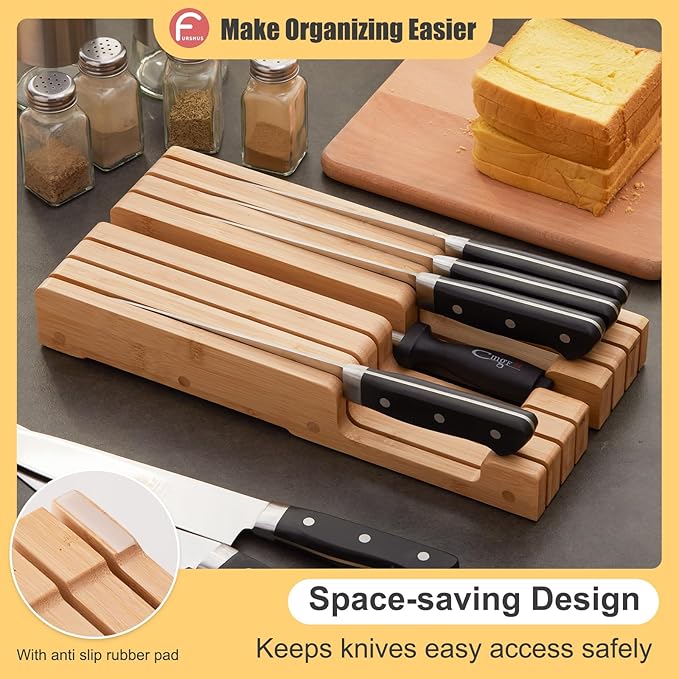 Bamboo Knife Block and In-Drawer Storage, Display Stand and Organizer, In-Drawer Knife Drawer Organizer Holds Up To 7 Knives and 1 Sharpener(Not Included)