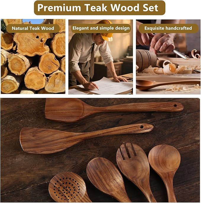6 Pack Wooden Spoons For cooking – Heat-Resistant Premium Teak Wood Spatula with Comfort Grip, Lightweight Kitchen Cooking Utensils set, wood Spoon utensil Set Perfect for Non-Stick Cookware