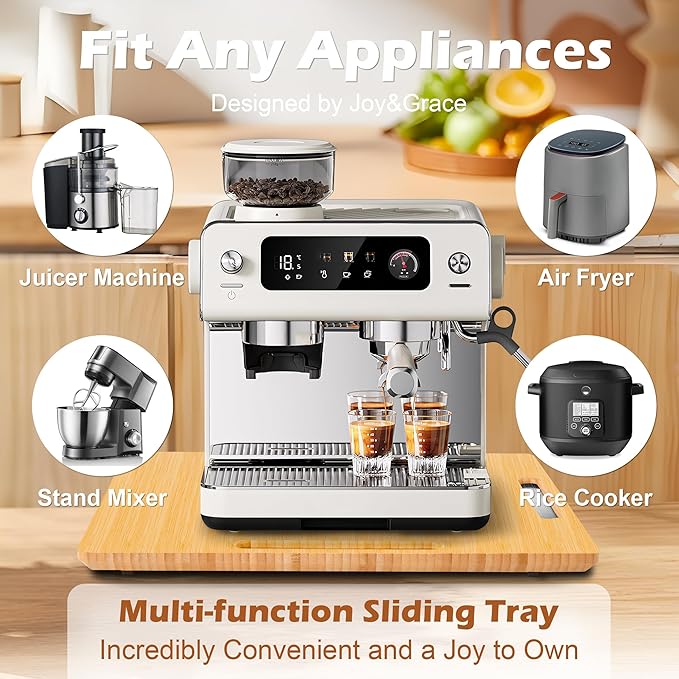 Joy&Grace Appliance Slider for Kitchen Appliances 360° Rolling Sliding Tray for Coffee Maker Countertop, Bamboo Coffee Pot Slider Rolling Tray (Natural, Large 16"x13")