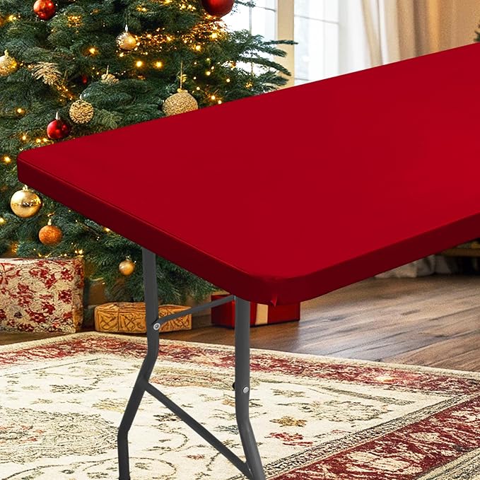 homing Rectangle Table Cloth Cover, Waterproof Polyester Elastic Fitted Tablecloth, Fits for 6 Foot Folding Tables, Washable Table Protector for Christmas, Holiday, Party (Red, 36" x 72")