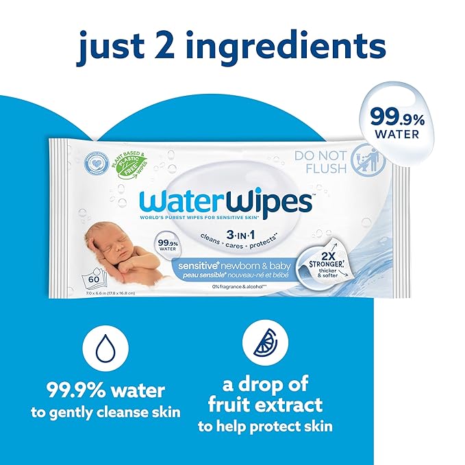 WaterWipes Sensitive+ Newborn & Baby Wipes, 3-In-1 Cleans, Cares, Protects, 99.9% Water, Unscented & Hypoallergenic, 1440 Count (24 Packs)