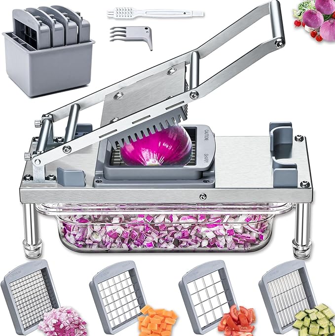 Stainless Steel Vegetable Chopper with 4 Blades - Pro Food Chopper with Container - Veggie Salad Onion Chopper - Potato Dicer - Tomato Cutter