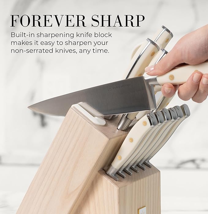 Styled Settings White Knife Set with Block and Sharpener – 14-Piece Ultra-Sharp High Carbon Stainless Steel Knives with Gold Triple Rivet White Handles and Ashwood Knife Block