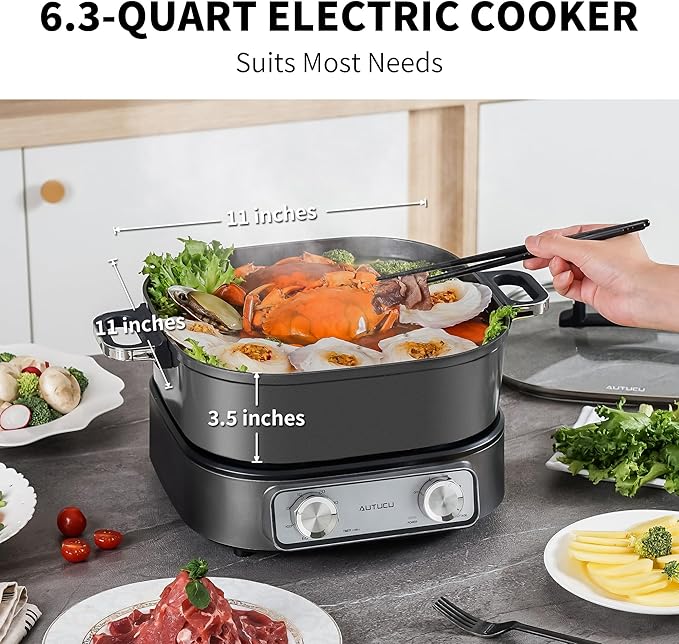 6-Quart Electric Skillet with Grill | Non-Stick PFOA-Free Ceramic-Coated Pot, 1600W, Timer & 3 Power Settings for Steak, Egg, Ramen (Includes Grill Tongs) Pot & Grill