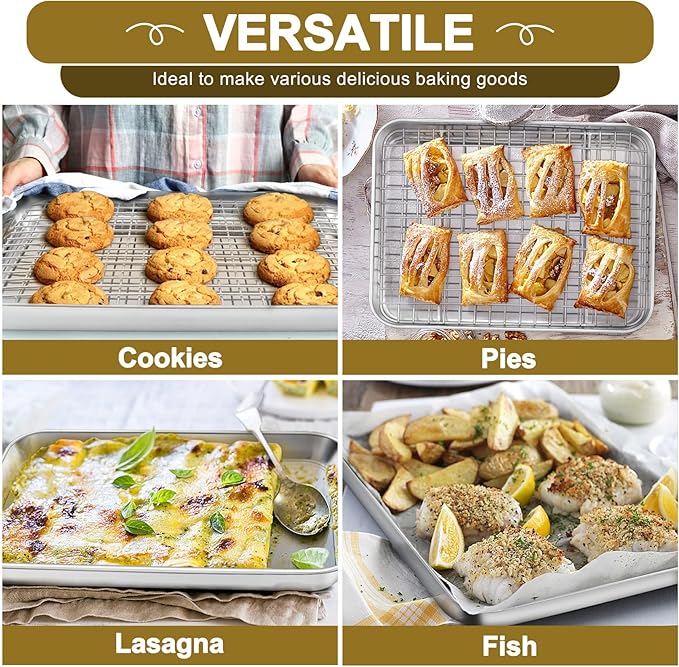 TeamFar Stainless Steel Baking Sheet with Rack Set, 16/12.5/9 Inch Cookie Sheets Baking Pans and Cooling Racks for Cooking Serving, Non-Toxic & Heavy Duty, Dishwasher Safe, 6 PCS (3 Pans + 3 Racks)