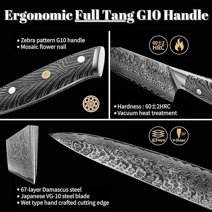 Wakoli Damascus Knife Block Set – 5-Piece Professional Chef Knife Collection with Magnetic Block | Genuine 67-Layer Damascus Steel Blades with VG10 Core | Ergonomic G10 Handles (Noir Blanc)
