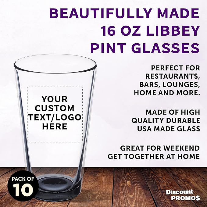 Custom Libbey Pint Glass 16 oz. Set of 10, Personalized Bulk Pack - Beer Glasses, Heavy Duty Drinkware - Black