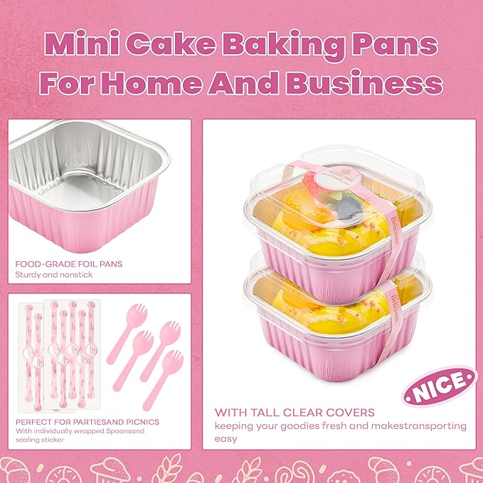 50 Pcs Mini Cake Pans with Lids and Spoons Aluminum Foil Mini Square Baking Cups with Lids Disposable Ramekins Cake Pans Dessert Cups for Wedding Birthday Party(Pink,5oz)