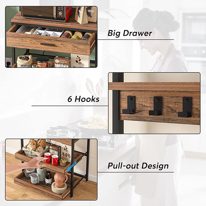 LITTLE TREE Kitchen Baker’s Rack with Power Outlets, Freestanding 5-Tier Microwave Stand with Drawers & Sliding Shelves, Coffee Bar with 6 Hooks for Dining Room Living Room, Rustic Brown