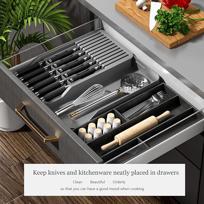 Knife Holder, In Drawer Knife Block Holder with Expandable Cutlery Tray Kitchen Drawer Organizer Insert-Holds 11 Knives for Save Space & Kitchen Safety (Drawer knife holder, Plastic)