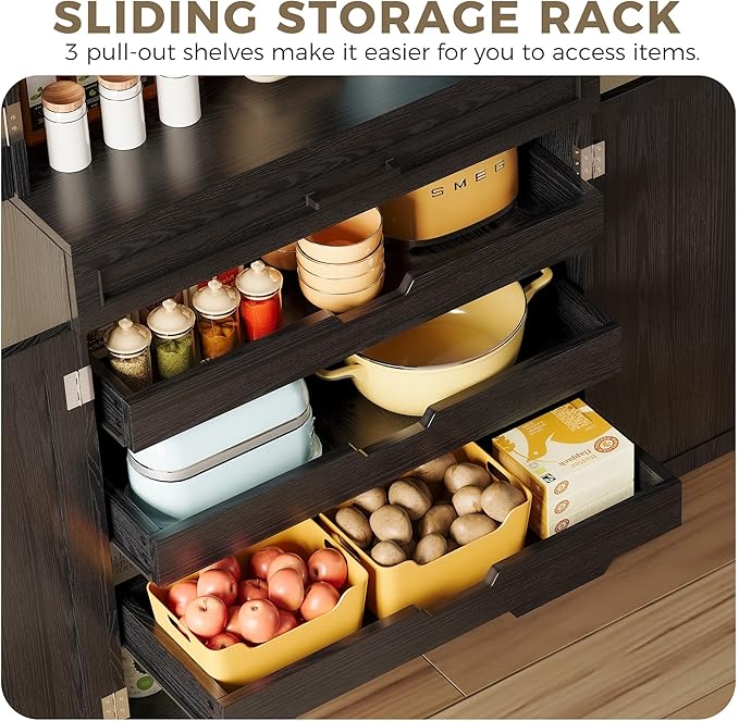 IRONCK Farmhouse Kitchen Pantry Cabinet, 72" Height Tall Freestanding Cupboard with Sliding Storage Rack and 6 Hanging Shelves for Kitchen, Dining Room, Black