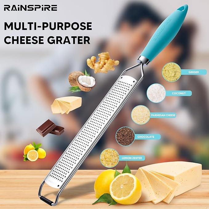 Rainspire Zester Grater with Handle, Lemon Zester Cheese Grater for Kitchen Stainless Steel, Parmesan Cheese Garlic Nutmeg Chocolate Fruits Vegetables Ginger Grater, Fine, Blue