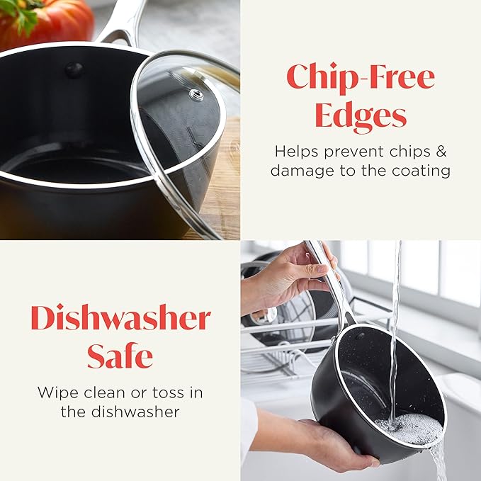 Orfeo 2.4QT Nonstick Saucepan with Lid, Made in Italy, Diamond Ceramic PFAS-Free Cookware, Induction Ready, Scratch Resistant, Laser-Fused Surface for Durability, Dishwasher Safe, Black