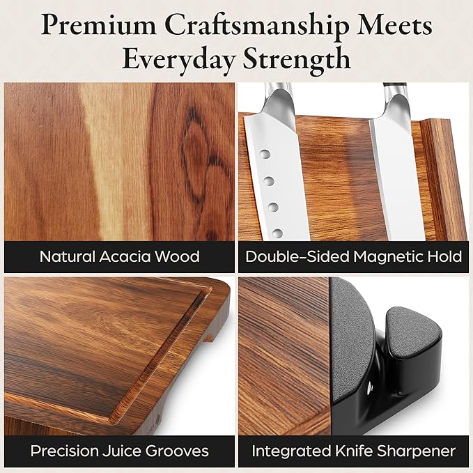 3 in 1 Magnetic Knife Block Stand - Wooden Magnetic Knife Holder with Strong Magnets, 14"x10" Cutting Board, Knife Sharpener - Acacia Display Holder Double Sided Storage Rack Magnets for Knives