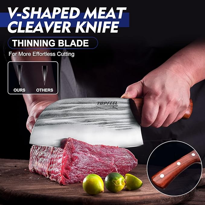 2PCS Meat Cleaver & Heavy Duty Bone Chopper Knife Set, Hand Forged German High Carbon Stainless Steel Butcher Knife for Home Kitchen & Outdoor