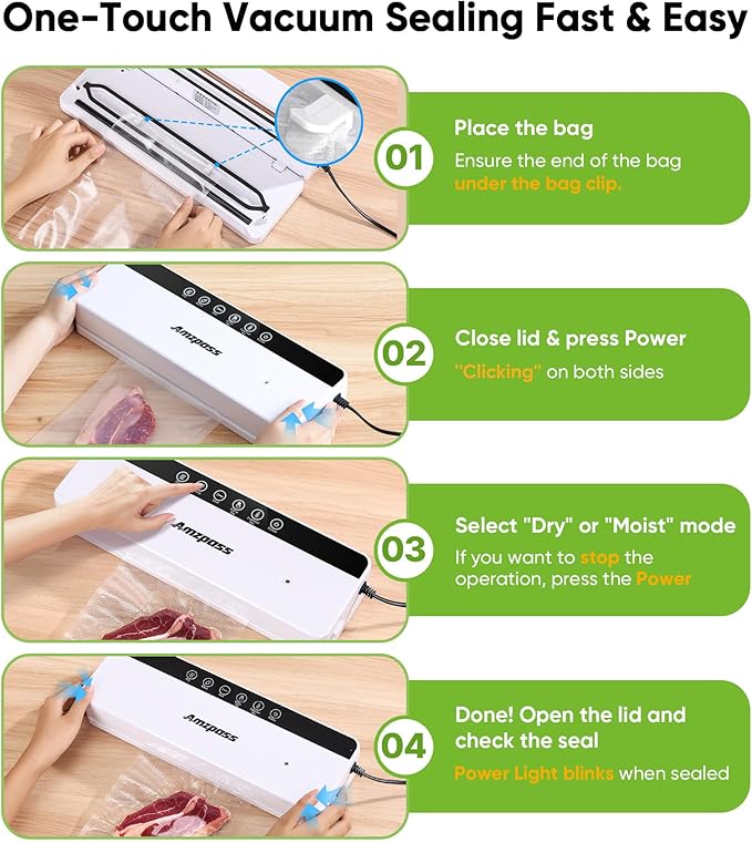 Vacuum Sealer for Food, 6-in-1 Food Vacuum Sealer Machine, 80kpa Suction Power Food Sealer Vacuum Sealer, Compact Vacuum Sealers with 10 Vacuum Bags, External VAC for Jars & Containers, White