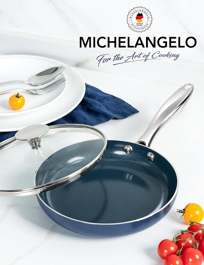 MICHELANGELO Small Frying Pan - 8 Inch Nonstick Frying Pan with Lid, Non-Toxic Omelette Pan with Stainless Handle, Nonstick Skillet, Blue-Ceramic