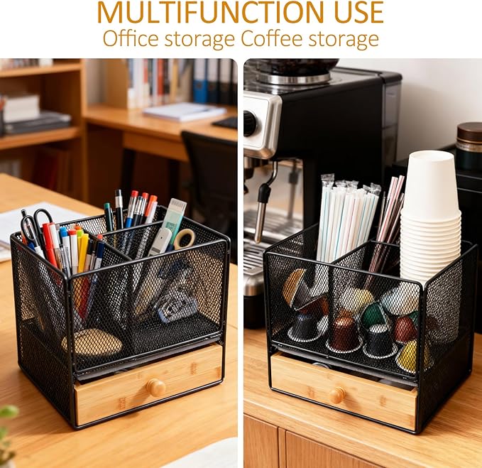 Kitchen Utensil Holder, 2-In-1 Large Utensil Holder Counter & Drawer Silverware Organizer Kitchen Countertop, 6 Compartment Caddy for Cooking and Flatware, With Quick Dry Diatomite Pad