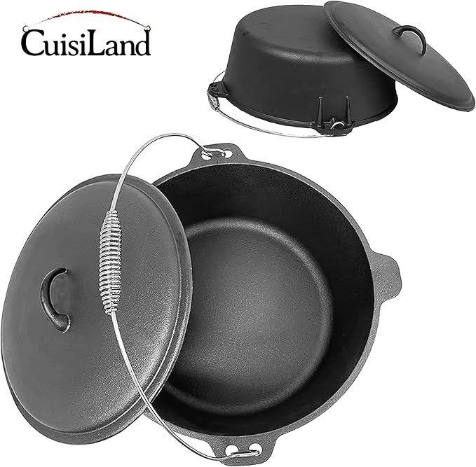 Cuisiland 12 Quart Cast Iron Dutch Oven with Dome Lid & Bail Handle – Pre-Seasoned Large Campfire Pot for Outdoor Cooking, Roasting, Baking & Stews – Heavy-Duty Cookware with Even Heat Distribution