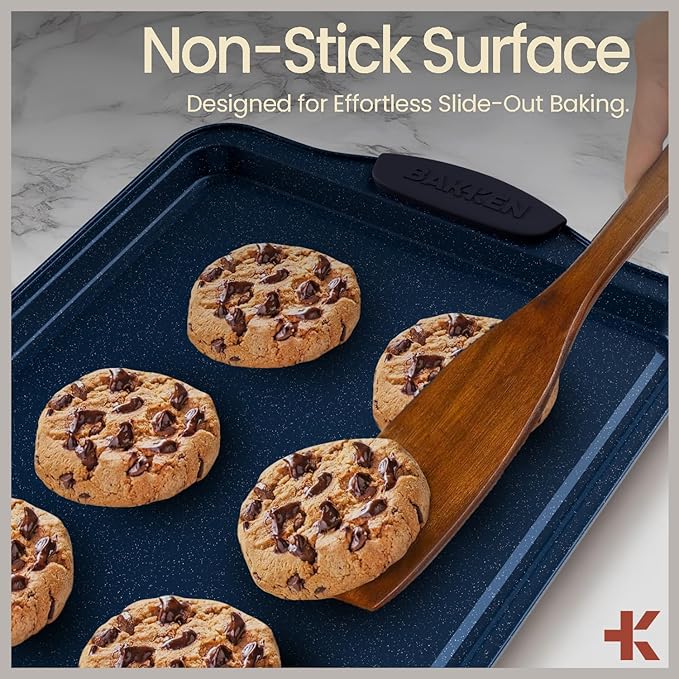 BAKKEN Kitchen Baking Pan Set - Nonstick Coating, Carbon Steel Bakeware Sets with Blue Silicone Handles, Baking Kitchen Essentials, PFOA, PFOS, PTFE Free, Oven Safe Tray (Up To 450° F), Set of 18