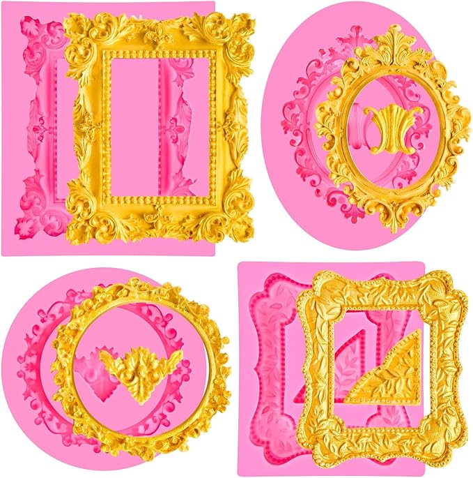 JOERSH 4PCS Baroque Frame Mold, Picture Photo Frames and Corners Silicone Fondant Mold for Cake Decorating, Cupcake Topper, Chocolate, Candy, Sugarcraft, Dessert Decor