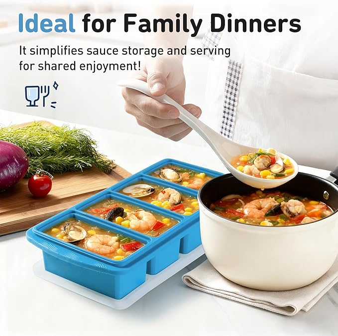 Silicone Freezer Tray with Lid Soup Freezer Container Molds with Steel Reinforced Rim Large Ice Cube Tray Makes 8 Perfect 1 Cup Portions Cubes Storage Food silicone Ice Cube Molds Housewarming Gifts