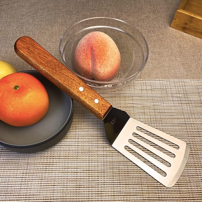 2Pcs Metal Spatulas Set, Metal Spatula for Cast Iron Skillet, Cooking Utensils Fish Egg Grill Spatula Stainless Steel Slotted Spatula, Wok Flat Top Small Metal Spatula Turner with Wood Handle