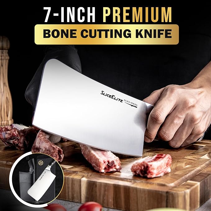 SliceElite Slice Series 7 Inch Bone Cutting Kitchen Knife High Carbon German Steel Blade Pakkawood Handle Butcher Chopper Cleaver Vegetable Fruit Tool Heavy Duty Kitchen BBQ Gift Sharpest Chef