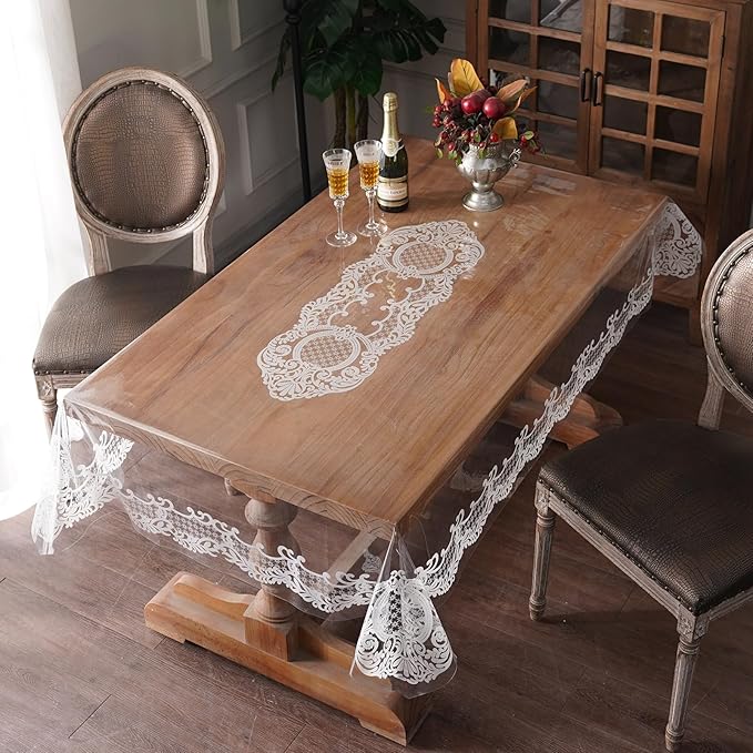 Rectangle Waterproof Clear Table Cover Protector Vinyl Table Cloth Oil Spill Proof Wipe Clean Lace Plastic Tablecloths for Dining Tables (White, 52 x 70 Inches)