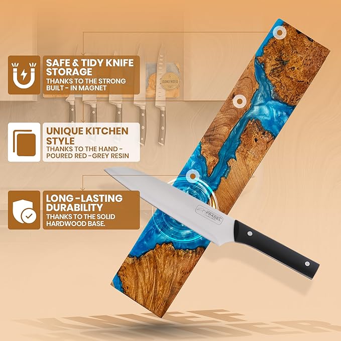 Magnetic Knife Holder for Wall 16 Inch |Premium Wood & Blue Resin| Epoxy Knife Magnetic Strip, Kitchen Knife Block Holder with Strong Magnet, Space-Saving, Handcrafted Style & Easy to Install