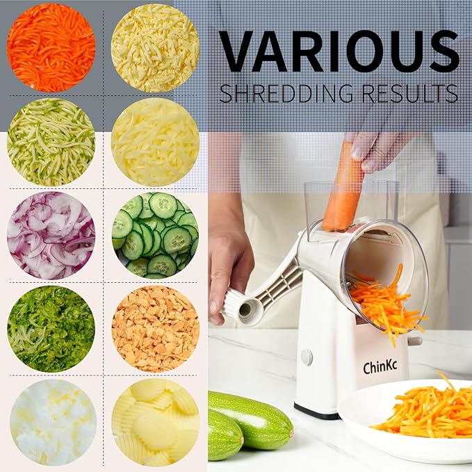 Rotary Cheese Grater Shredder - Upgraded 5 in 1 Cheese Grater with Handle and Strong Suction Base, Multi-purpose Julienne Slicer Ice Shaver Nuts Grinder for Ice, Vegetables, Fruit, Nuts