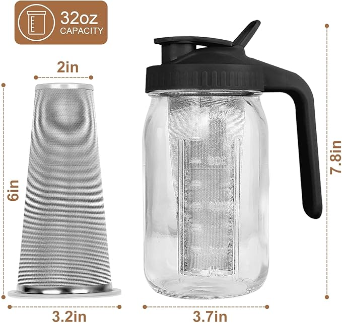 Cold Brew Coffee Maker,32 Oz Mason Jar Pitcher with Stainless Steel Filter, Pour Spout Handle Lid, Heavy Duty Glass Airtight & Leak-Proof Pitcher for iced coffee Tea Breastmilk Lemonade-Black